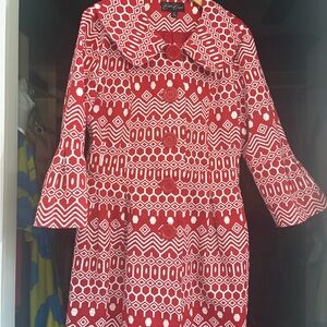 Chic Red & White Geometric Women's Coat